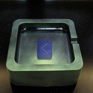Viking Rune Ashtray or Trinket Dish. Golden-green with blue rune stone.